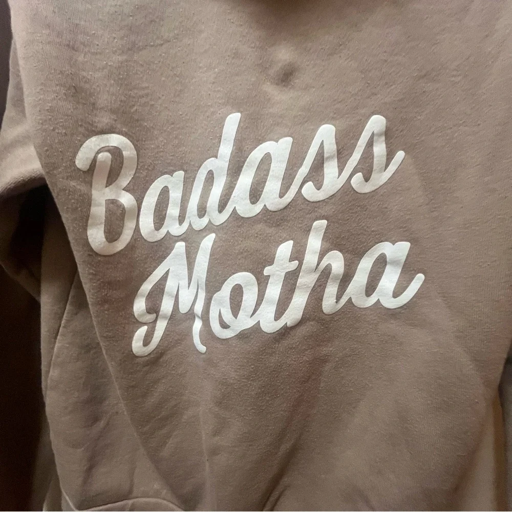 Tan and White Zip-Up ‘Badass Motha’ Hoodie Jacket